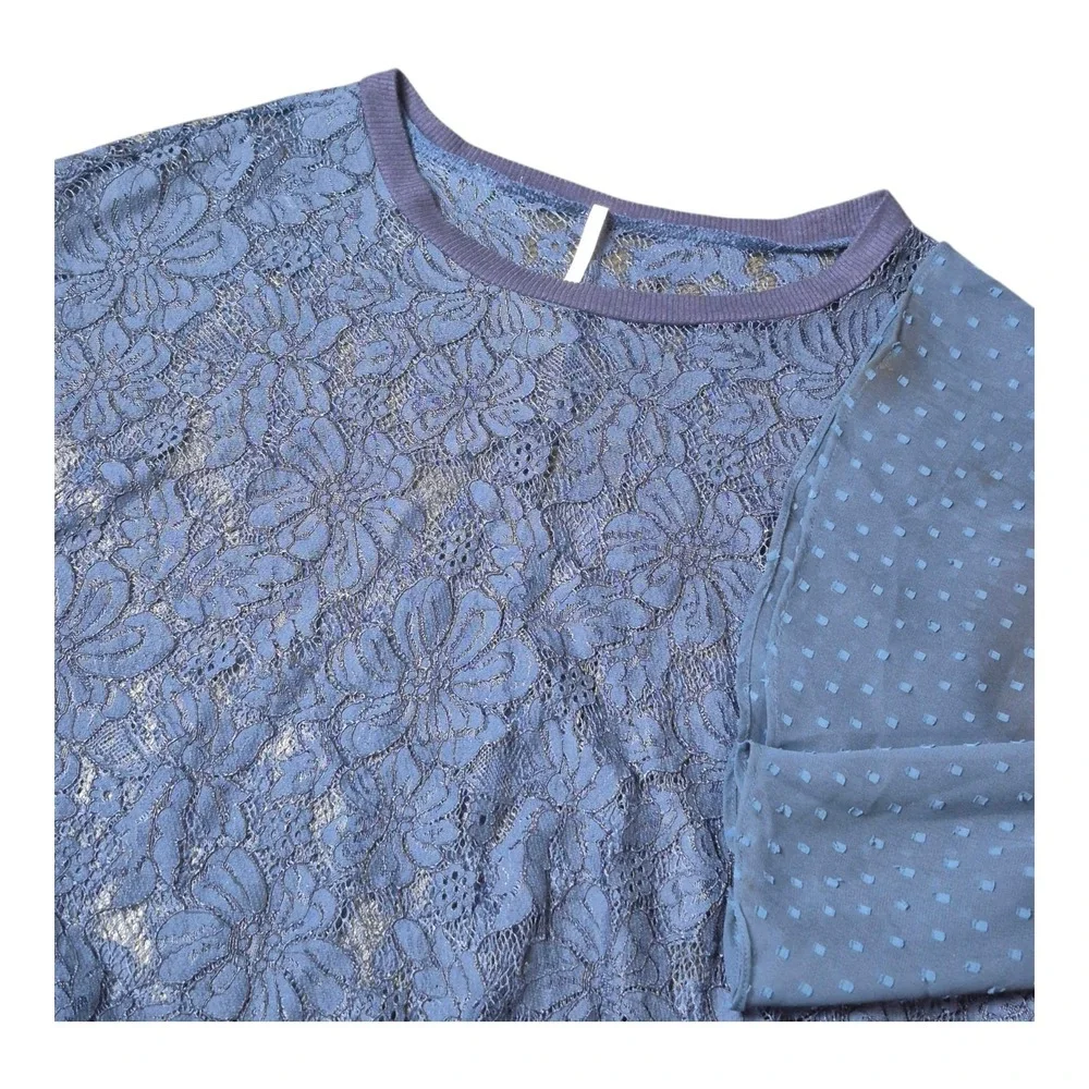 Free People Something Like Love‎ Lace Bell Sleeve Top Navy Blue Women's S